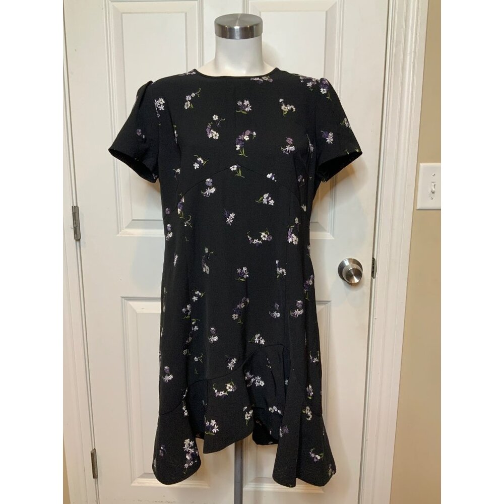Michael Kors Black Floral Embroidered Short Sleeve Mini Dress, Size Large